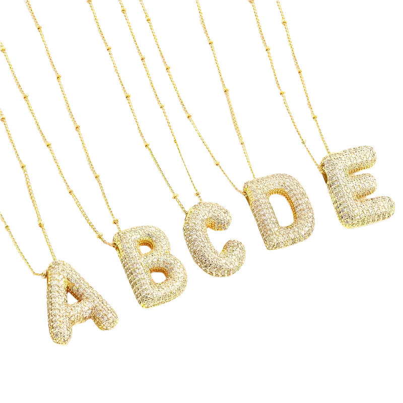 Set de Collar Inicial de Letra Burbuja | Oro Blanco