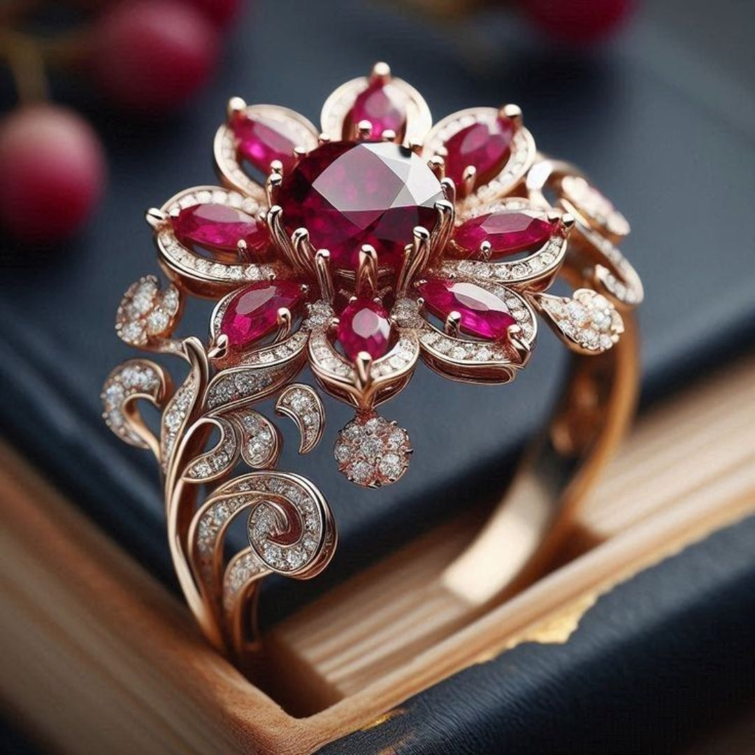 Anillo Exótico de Flor Roja en Oro
