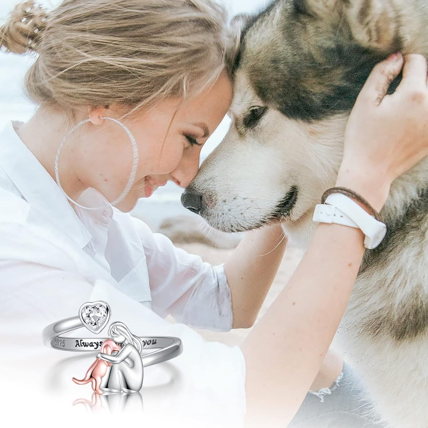 Anillo Ajustable de Perro en Plata de Ley 925 con Zirconia
