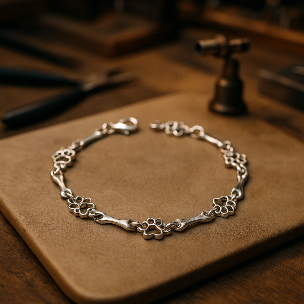 Pulsera de Brazaletes de Pata de Perro y Hueso en Plata Pura