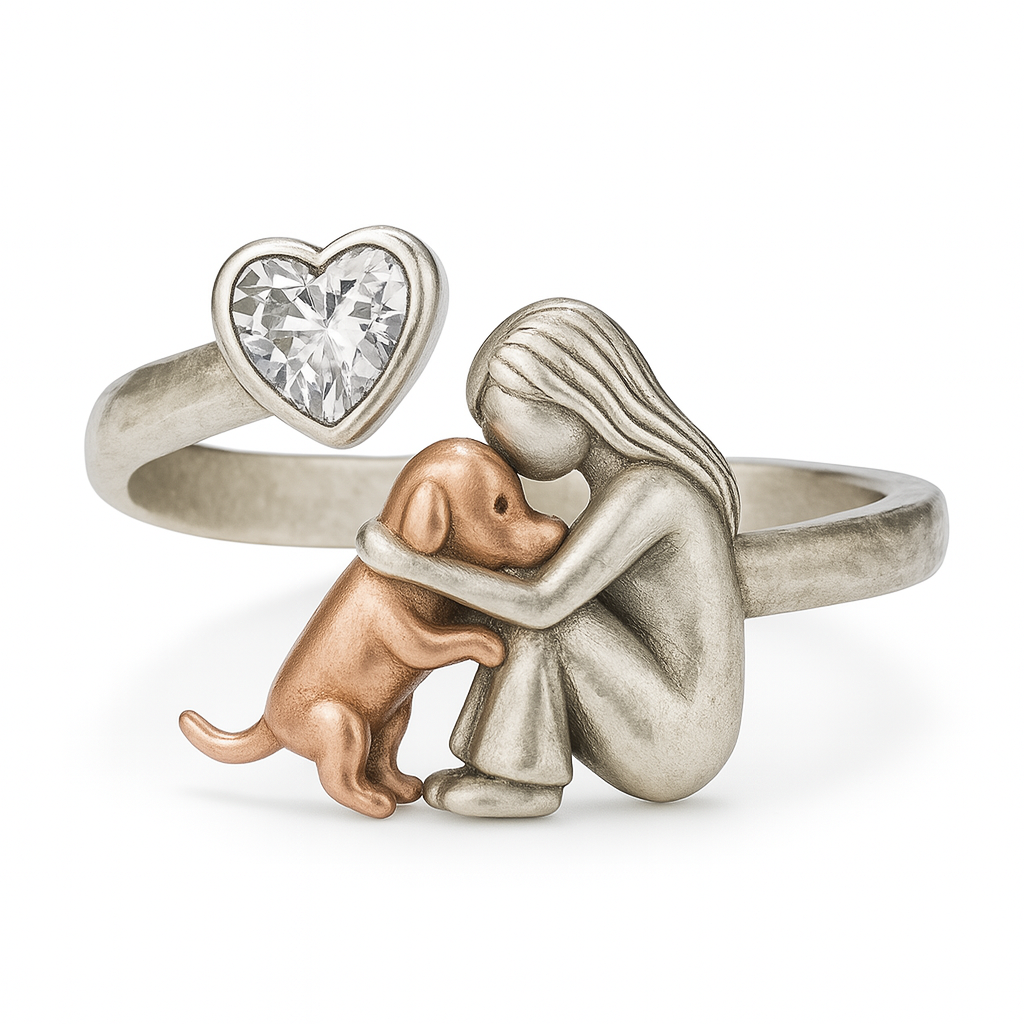 Anillo de Perro Hecho a Mano en Plata de Ley 925 con Zirconia en Forma de Corazón