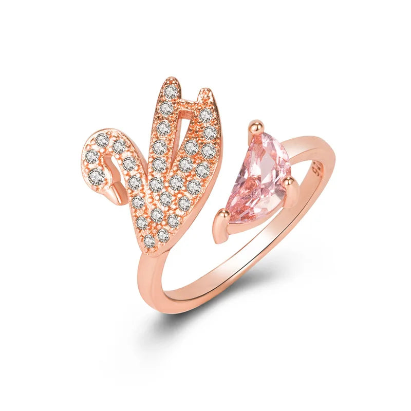 Anillo de Cisne de Cristal - Ajustable en Oro Rosa