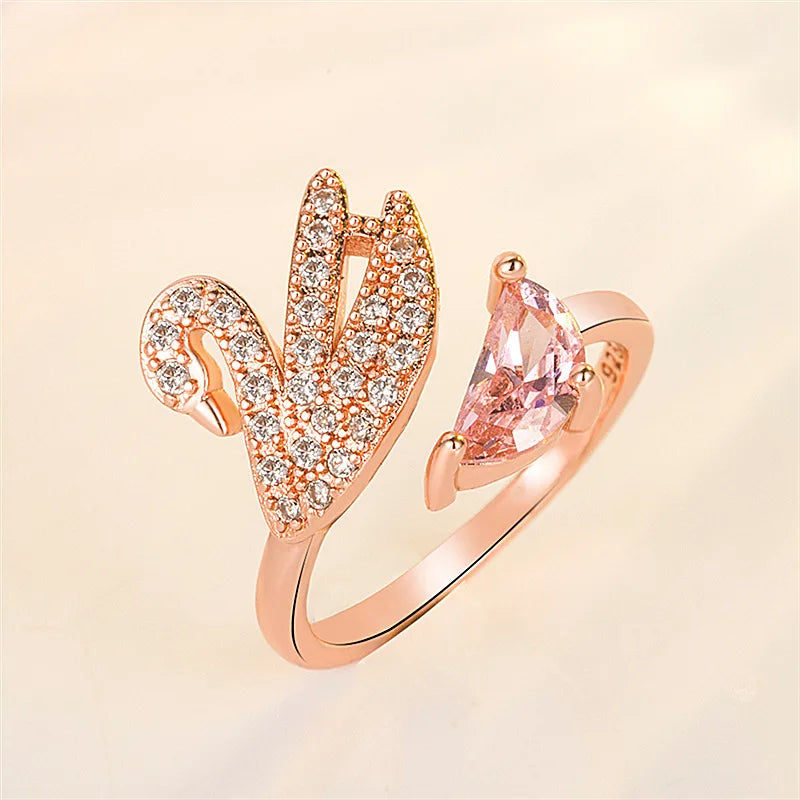 Anillo de Cisne de Cristal - Ajustable en Oro Rosa