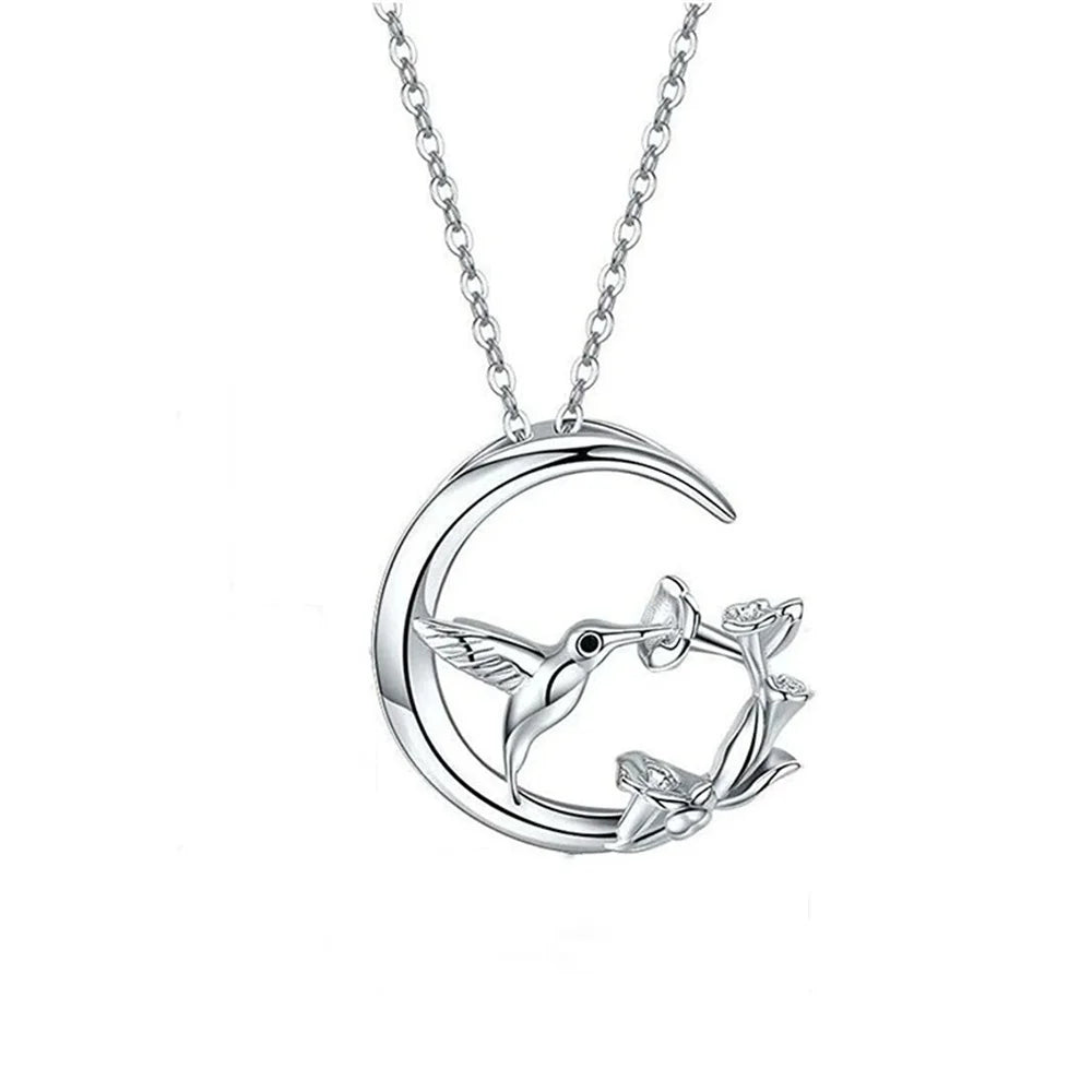 Collar Vintage de Pájaro y Luna en Plata
