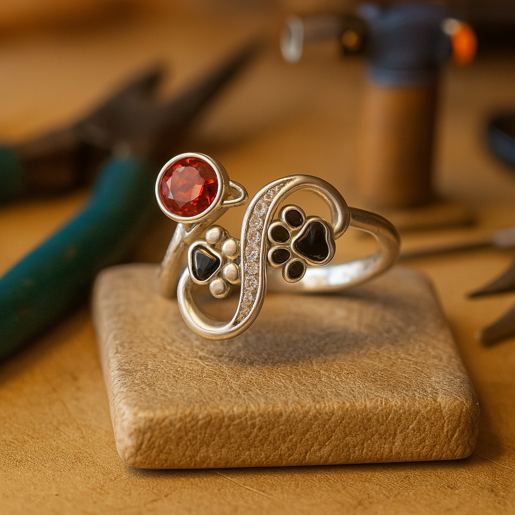 Anillo Ajustable de Huella de Pata Negra con Gema Roja