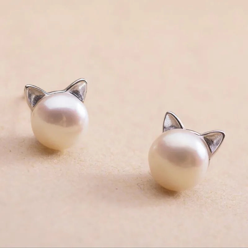 Pendientes de Gato en Plata de Ley con Perla