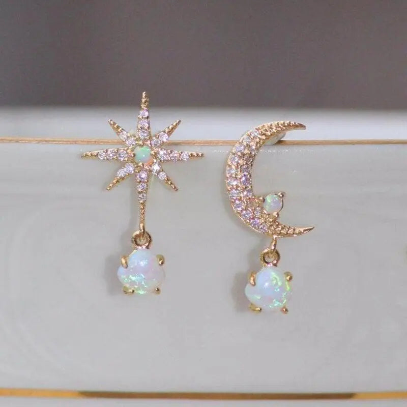 Pendientes Luna y Estrella de Oro y Ópalo