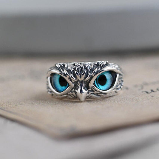 Anillo Ajustable de Búho de la Buena Suerte en Plata y Ópalo