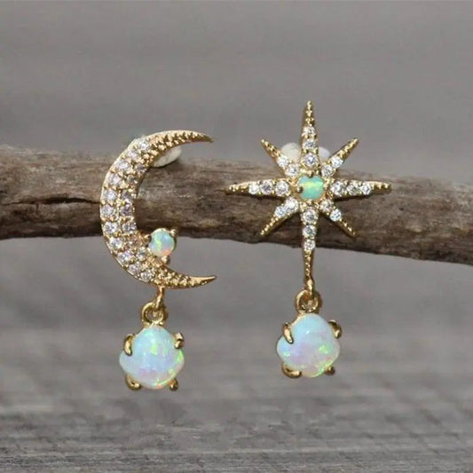 Pendientes Luna y Estrella de Oro y Ópalo