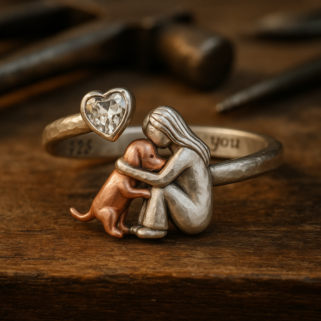 Anillo de Perro Hecho a Mano en Plata de Ley 925 con Zirconia en Forma de Corazón