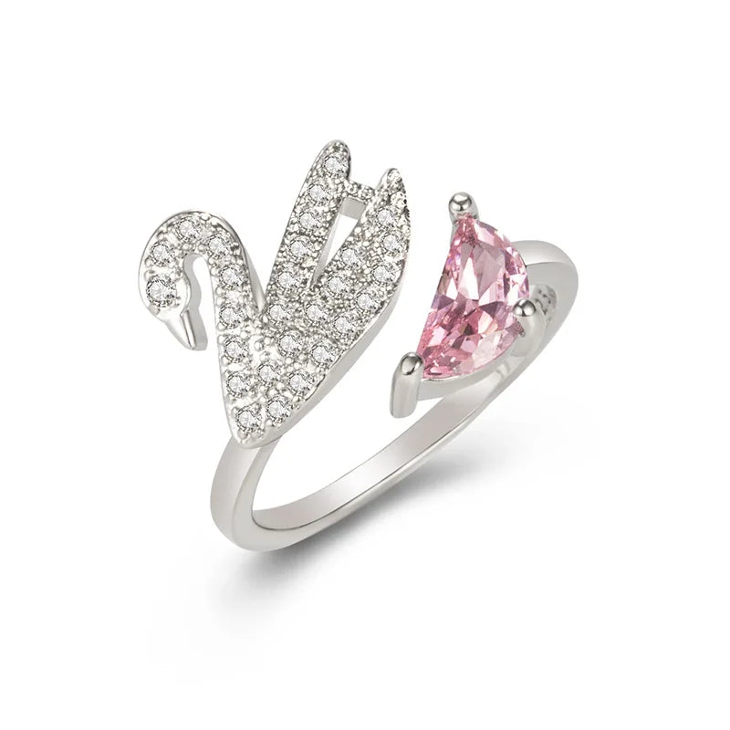 Anillo de Cisne de Cristal - Ajustable en Oro Rosa
