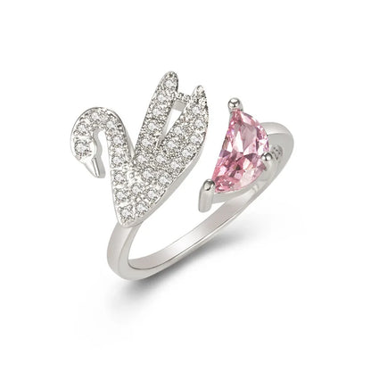 Anillo de Cisne de Cristal - Ajustable en Oro Rosa