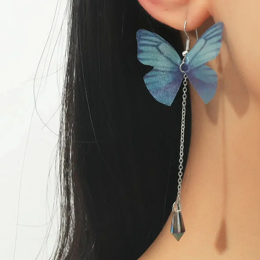 Pendientes de Cristal de Mariposa Azul con Borlas