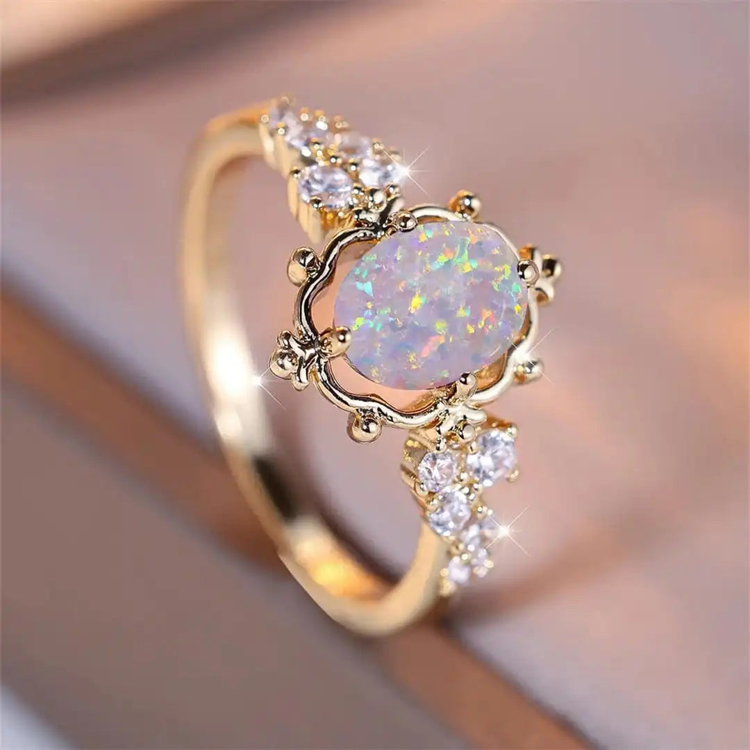 Anillo de Flor de Piedra Ópalo Blanco Ovalado