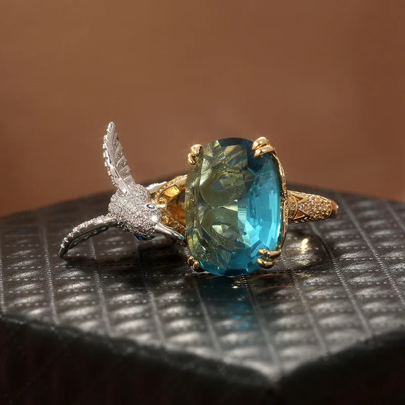 Anillo Ajustable de Colibrí Color Aguamarina