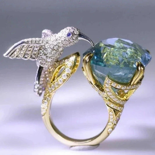 Anillo Ajustable de Colibrí Color Aguamarina