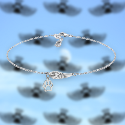 Pulsera Conmemorativa de Plata con Ala de Ángel y Huella de Pata |
