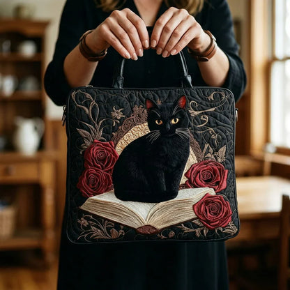 Bolso Artisanal Acolchado - Gato Negro sobre Libros
