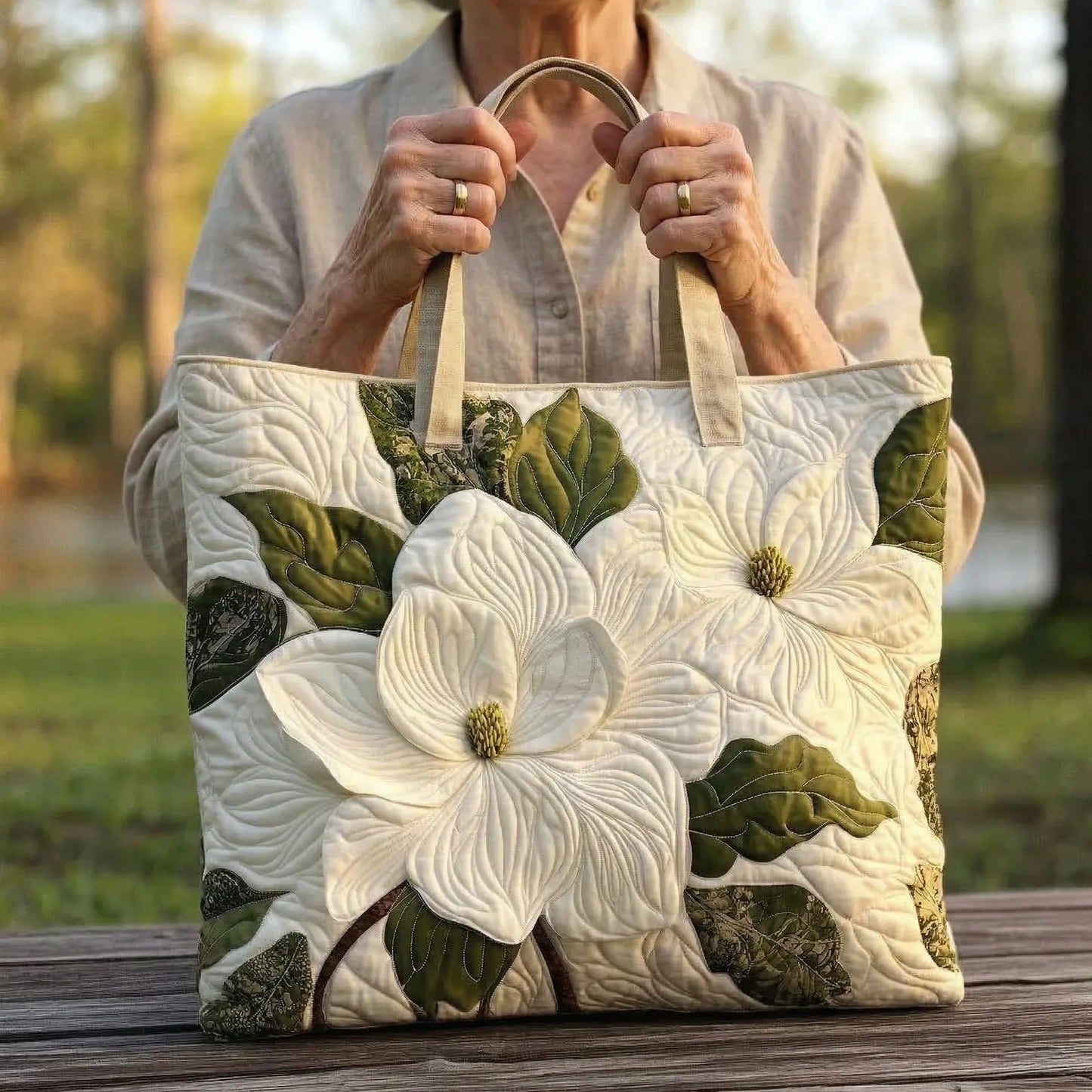 Bolso Artisanal Acolchado - Lirios Blancos Elegantes