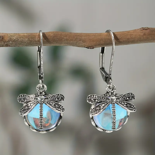 Pendientes de Libélula de Cristal Azul en Plata