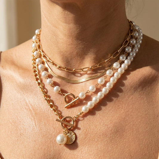 Conjunto de Collar de Cadena de Serpiente de Perlas Vintage y Oro
