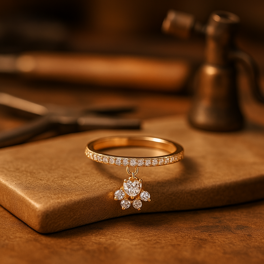 Anillo Vintage de Pata de Gato y Corazón con Piedra