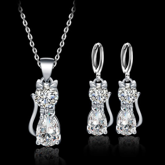 Set Collar + Pendientes Gatos Felices en Plata de Ley y Zirconio Blanco Pulido